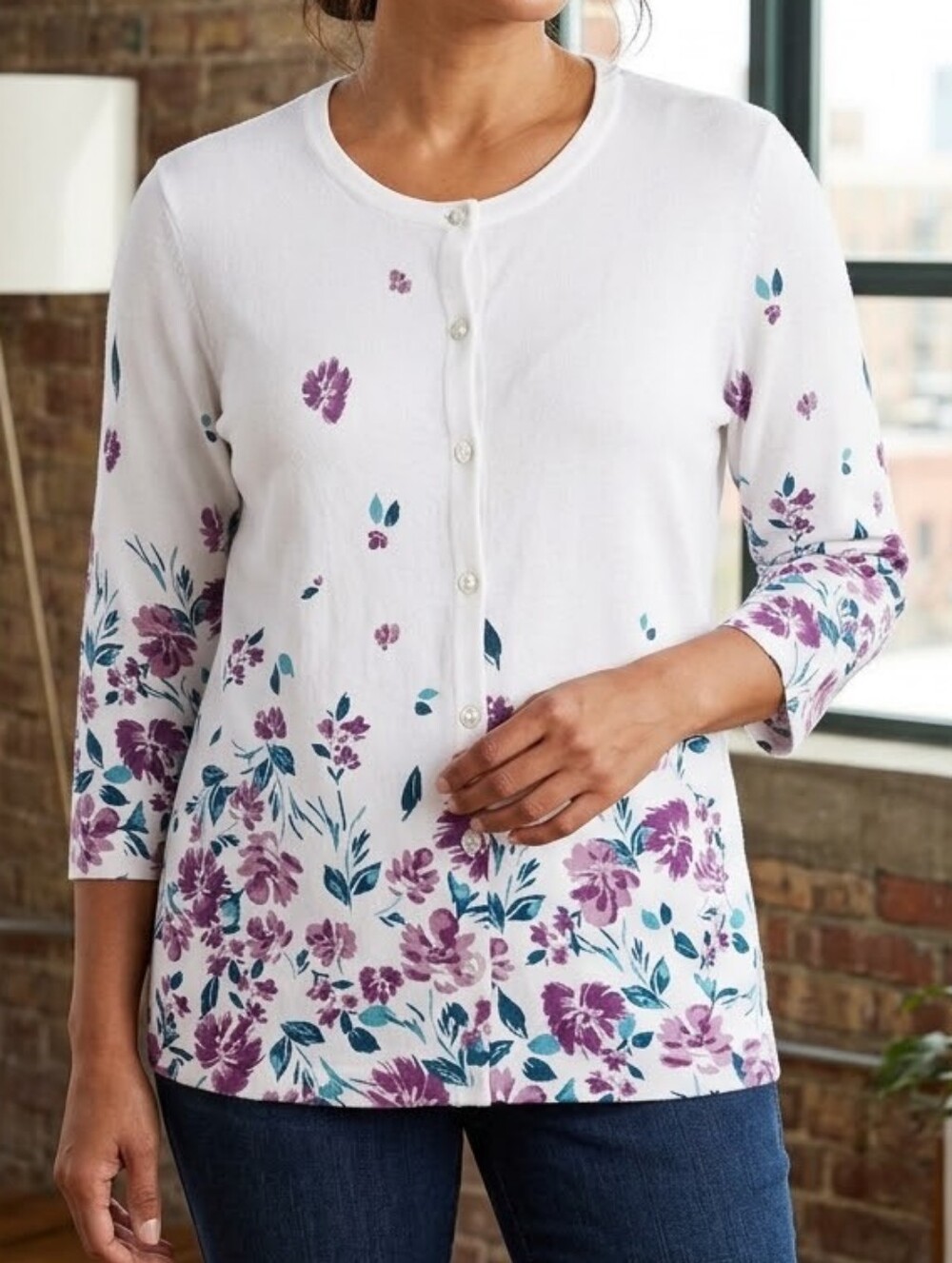 Roz & Ali Women's XL White Floral Knit Cardigan Sweater 3/4 Sleeve Button Front